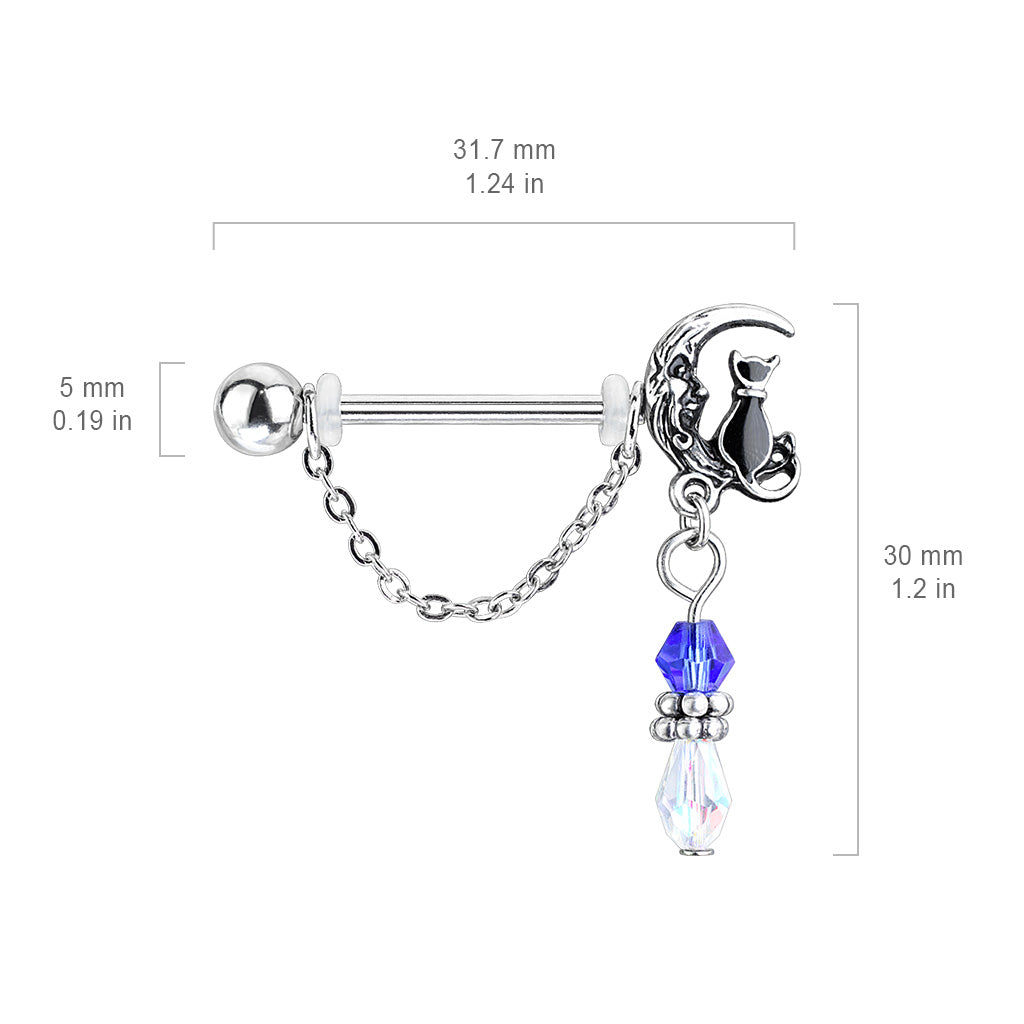 Cat and Crescent Moon with Bead Chain Dangle Nipple Barbells - Stainless Steel - Pair