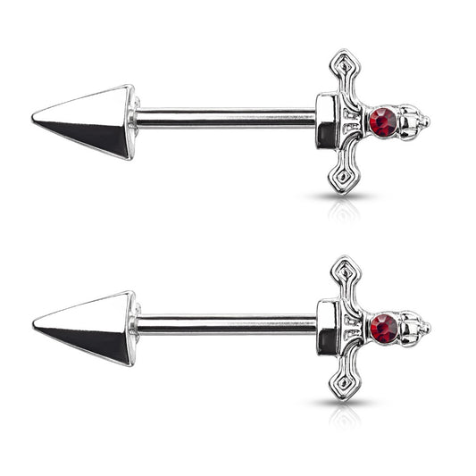 Red Gem Set Dagger Nipple Barbells - Stainless Steel - Pair