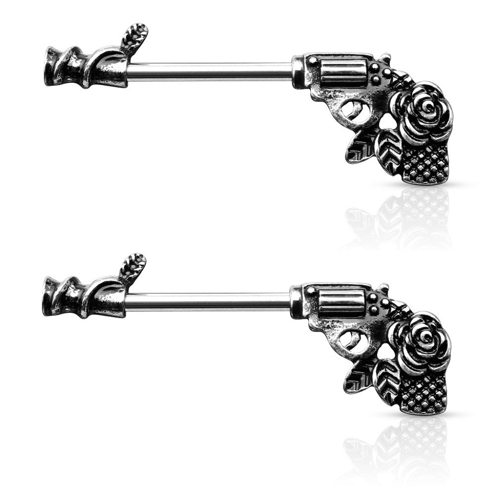 Rose Pistol Gun Nipple Barbells - Stainless Steel - Pair