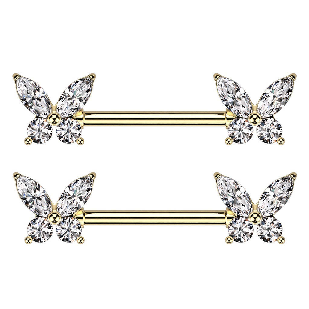 CZ Crystal Butterfly Ends Nipple Barbells - 316L Stainless Steel - Pair