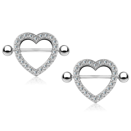 Gem Paved Heart Nipple Shields - 316L Stainless Steel