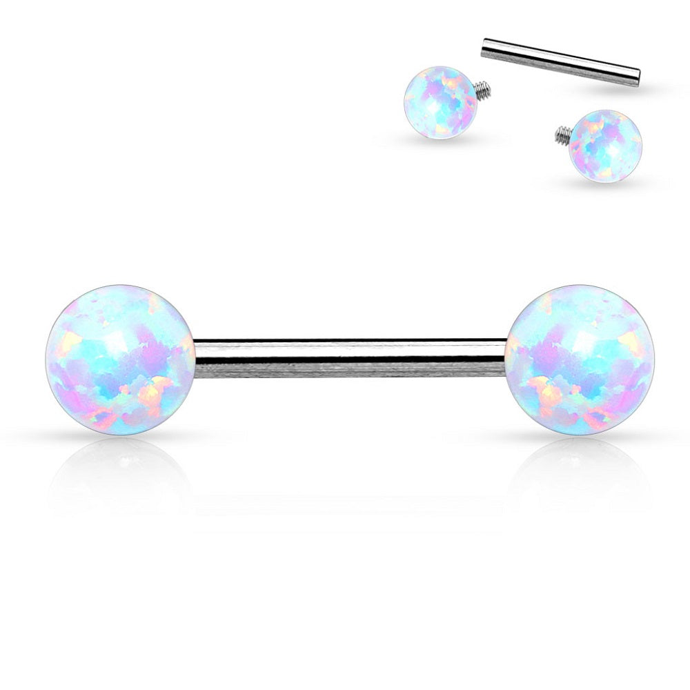 Internally Threaded Synthetic Opal Balls Nipple Barbells - Stainless Steel - Pair