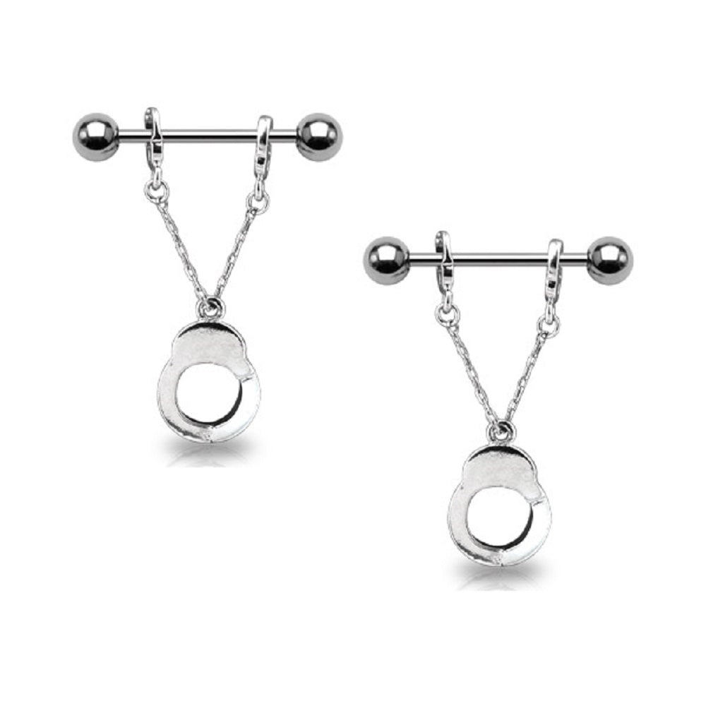 Dangling Handcuffs Nipple Rings - Stainless Steel - Pair