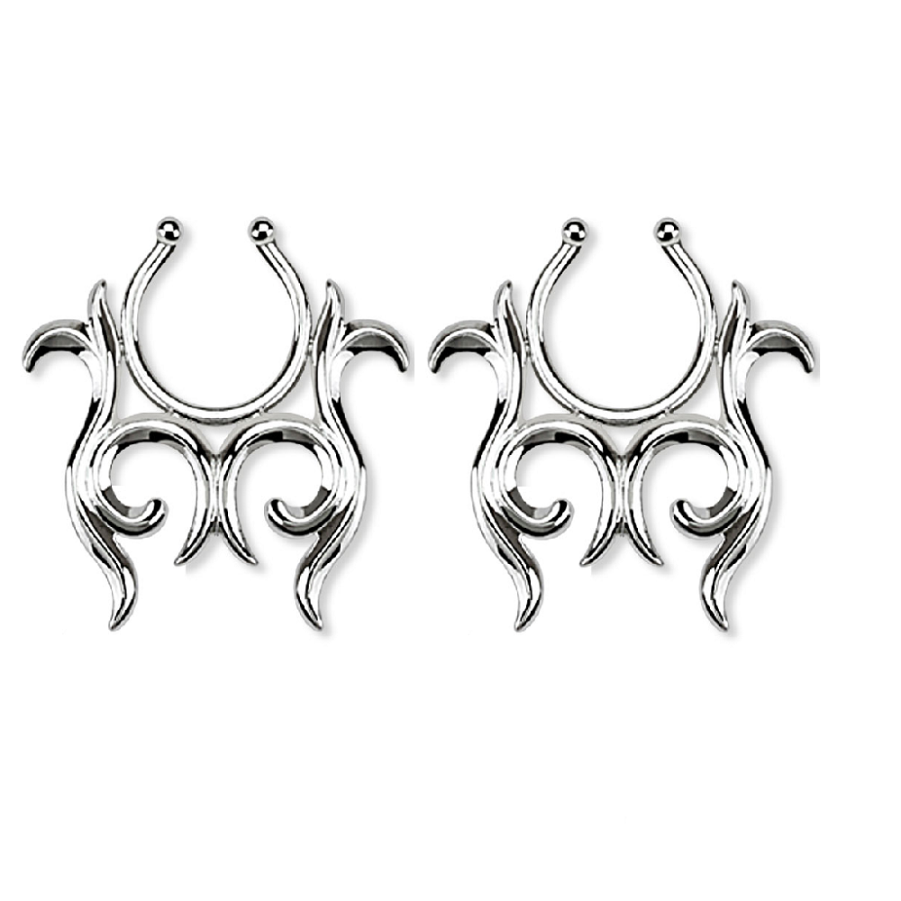Tribal Design Faux Clip On Nipple Rings - Brass - Pair