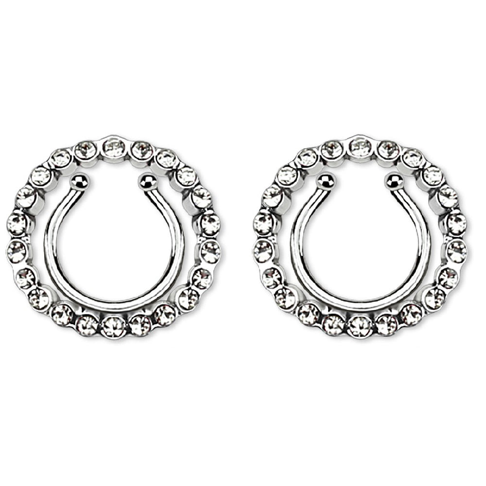 CZ Crystal Paved Circle No Pierce Fake Clip On Nipple Ring - Stainless Steel - Pair
