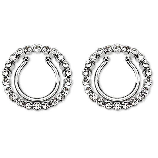 CZ Crystal Paved Circle No Pierce Fake Clip On Nipple Ring - Stainless Steel - Pair