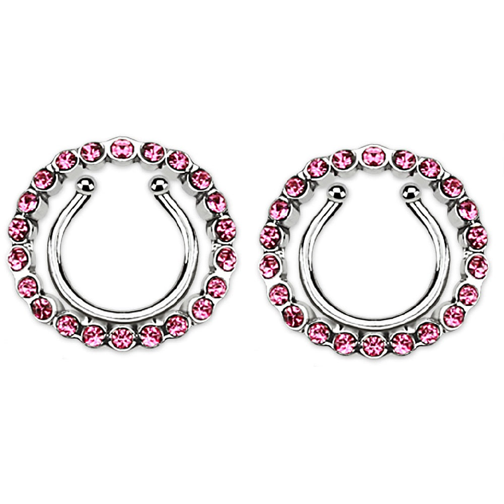 CZ Crystal Paved Circle No Pierce Fake Clip On Nipple Ring - Stainless Steel - Pair