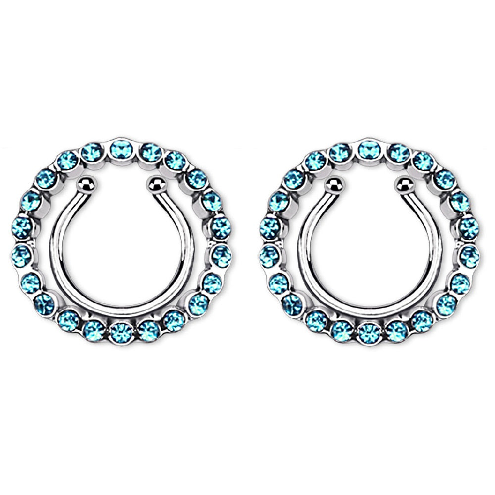 CZ Crystal Paved Circle No Pierce Fake Clip On Nipple Ring - Stainless Steel - Pair