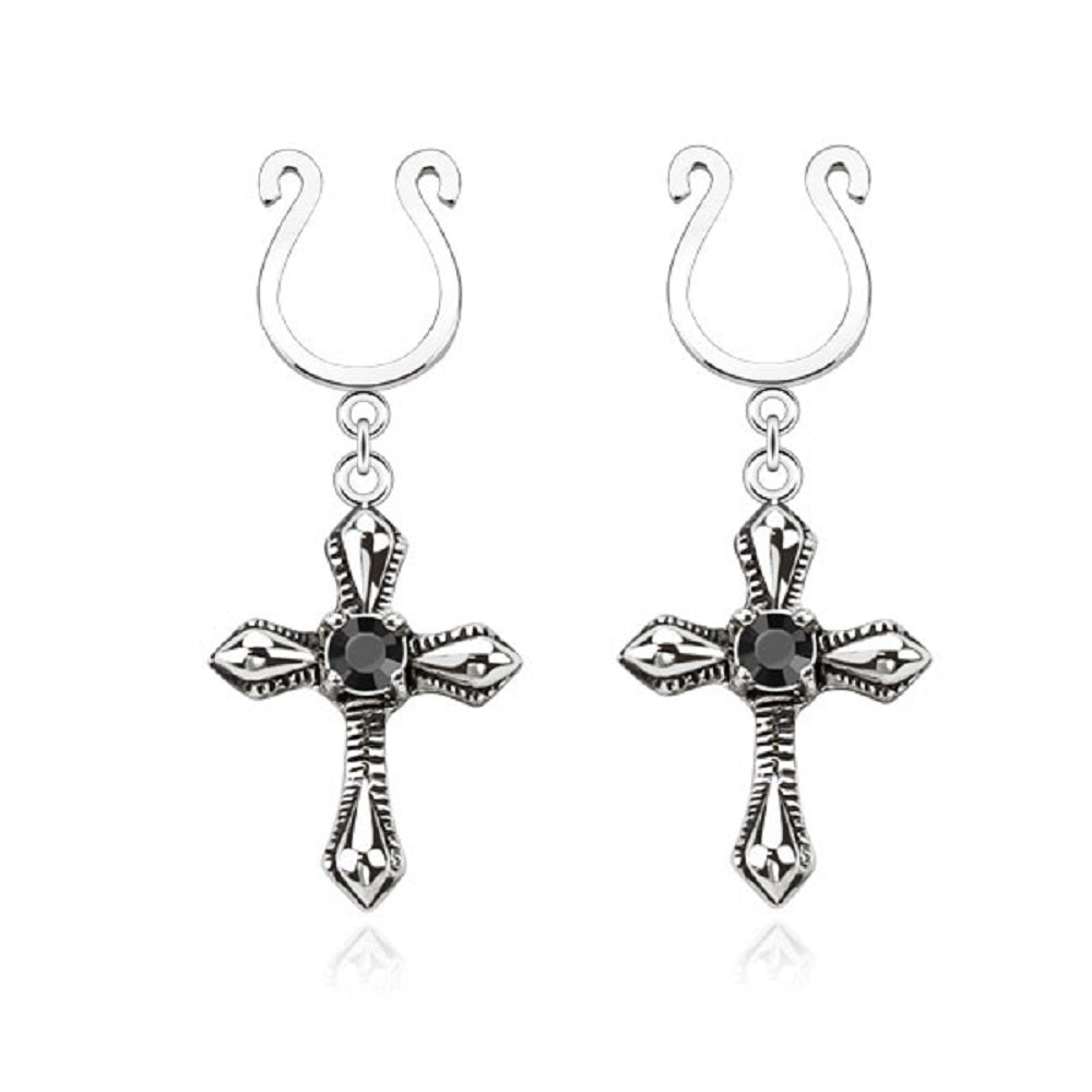 CZ Crystal Dangling Cross Clip on Non-Pierce Fake Nipple Rings - Brass - Pair