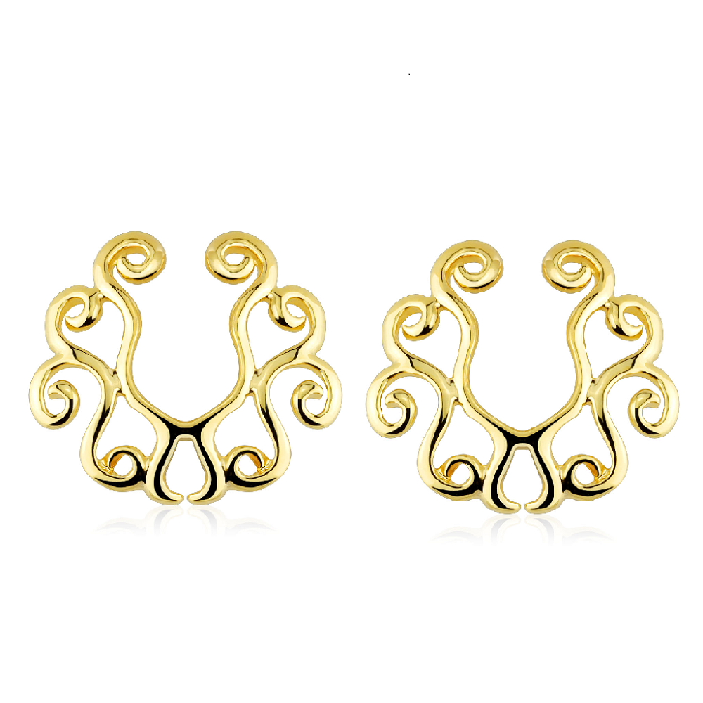 Gold Tone Vintage Tribal Floral Clip on Non-Pierce No Pierce Fake Nipple Ring - Brass - Pair