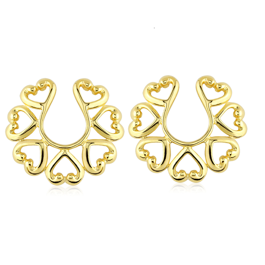 Gold Tone Vintage Hearts Clip on Non-Pierce No Pierce Fake Nipple Ring - Brass - Pair