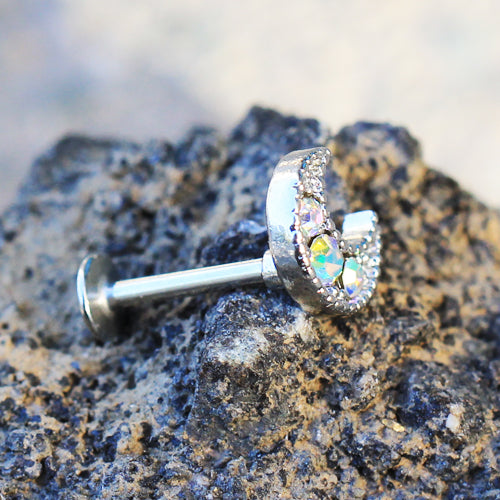Aurora Borealis Crystal Crescent Moon Flate Back Stud - Stainless Steel