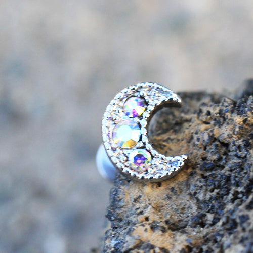 Aurora Borealis Crystal Crescent Moon Flate Back Stud - Stainless Steel