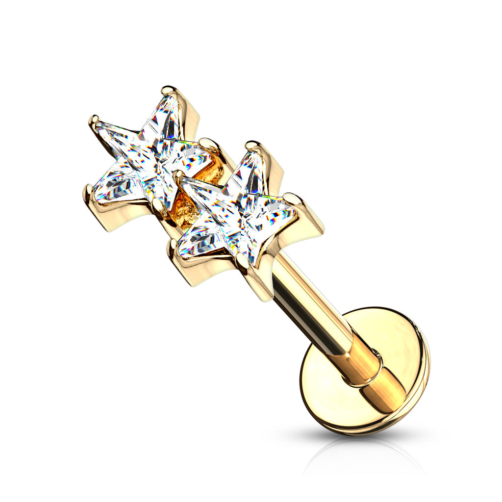 Twin CZ Crystal Star Top Labret Stud - Stainless Steel