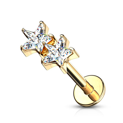 Twin CZ Crystal Star Top Labret Stud - Stainless Steel