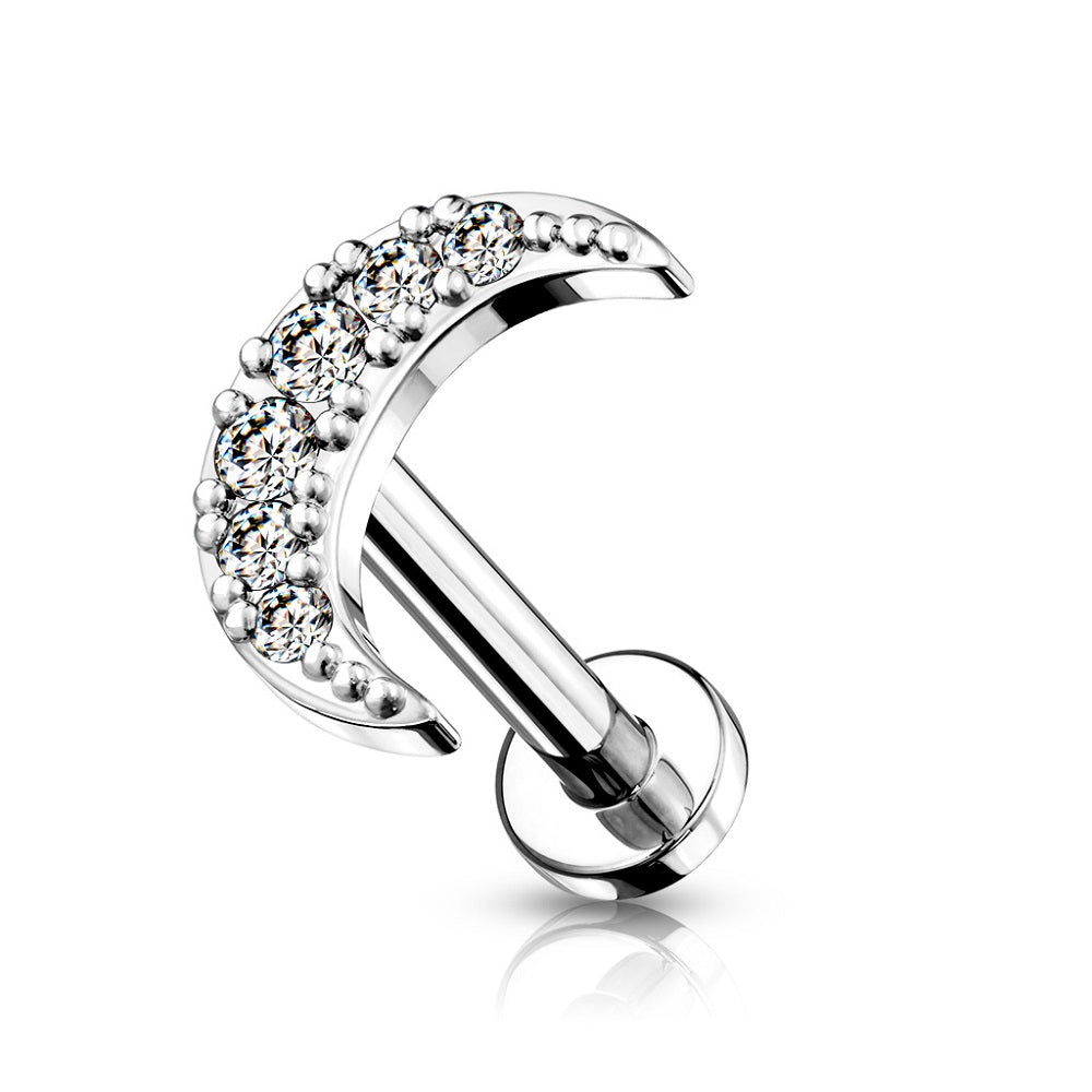 Internally Threaded Crystal Paved Crescent Moon Top Flat Back Stud - 316L Stainless Steel
