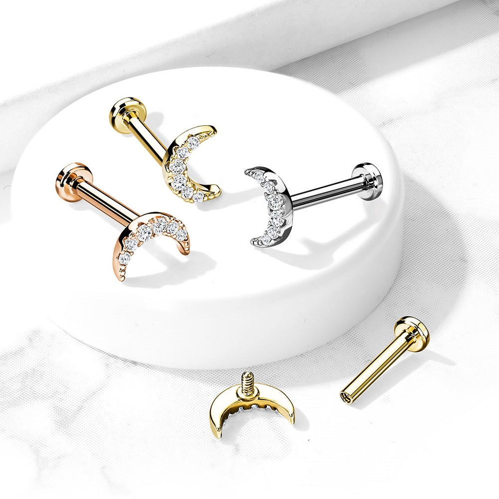 Internally Threaded Crystal Paved Crescent Moon Top Flat Back Stud - 316L Stainless Steel