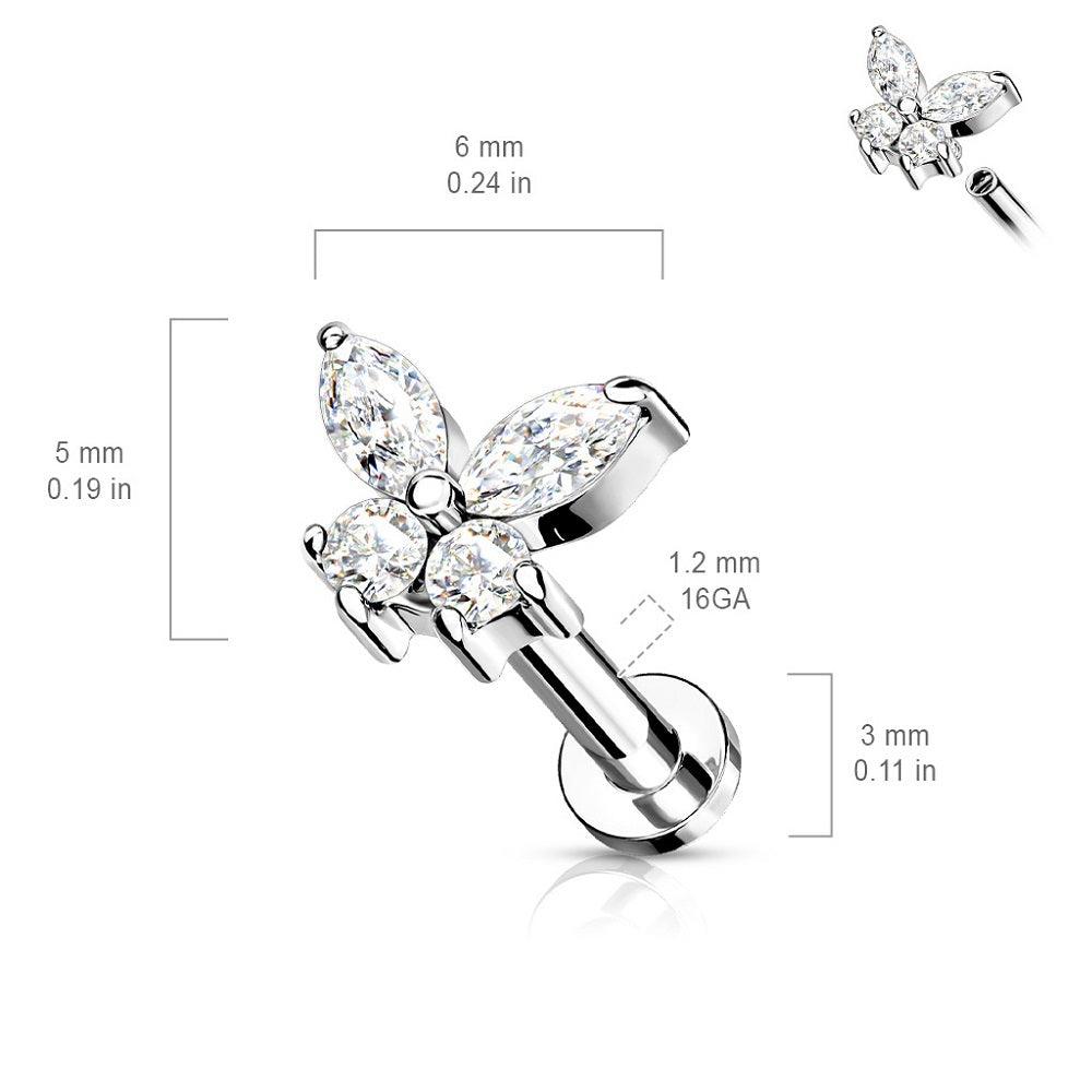 Internally Threaded CZ Crystal Butterfly Top Flat Back Stud - Stainless Steel