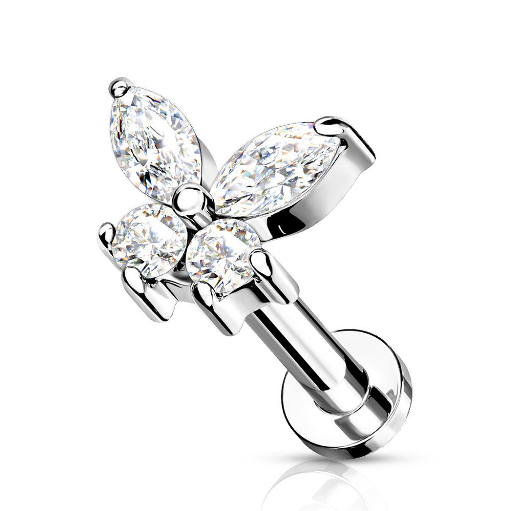 Internally Threaded CZ Crystal Butterfly Top Flat Back Stud - Stainless Steel