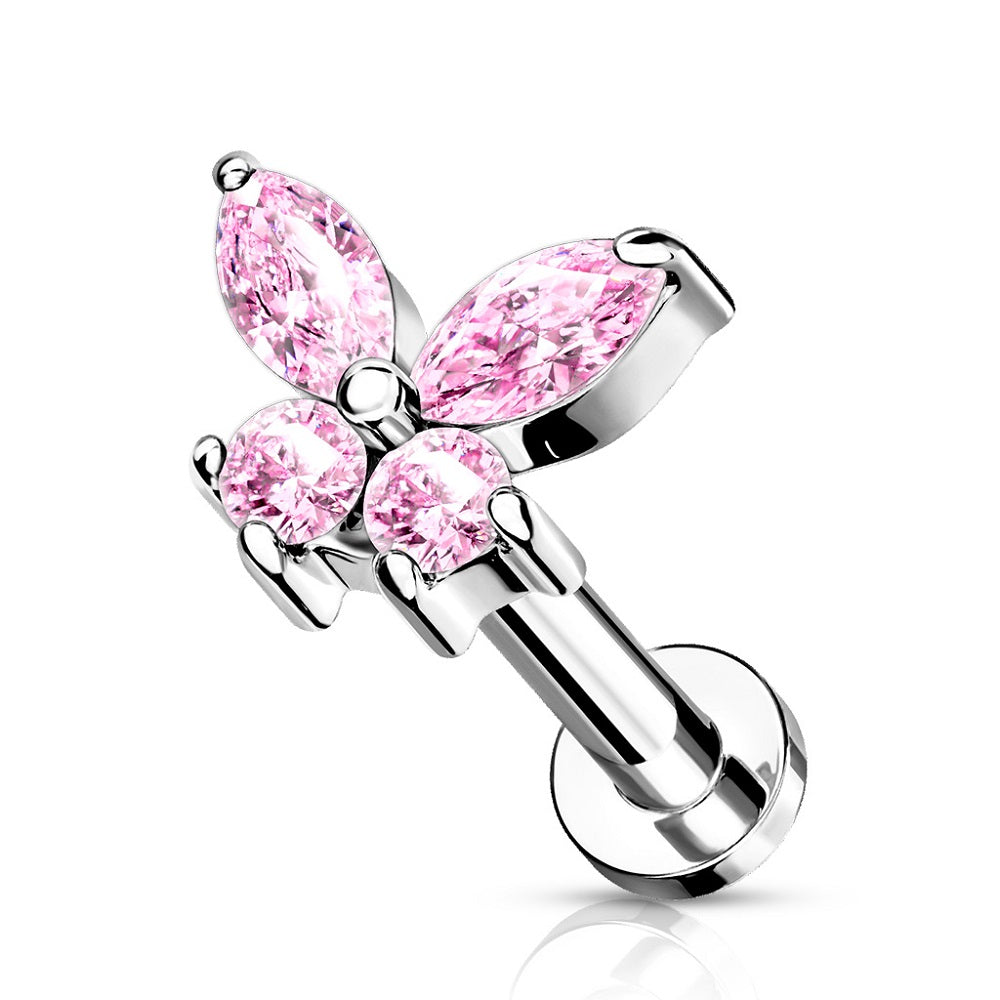 Internally Threaded CZ Crystal Butterfly Top Flat Back Stud - Stainless Steel