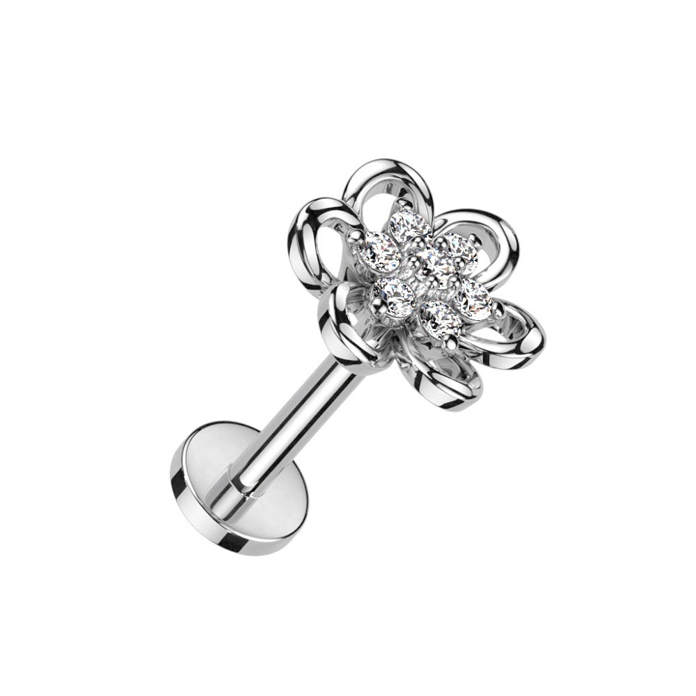 Hollow Flower with CZ Crystal Center Internally Threaded Stud - 316L Stainless Steel