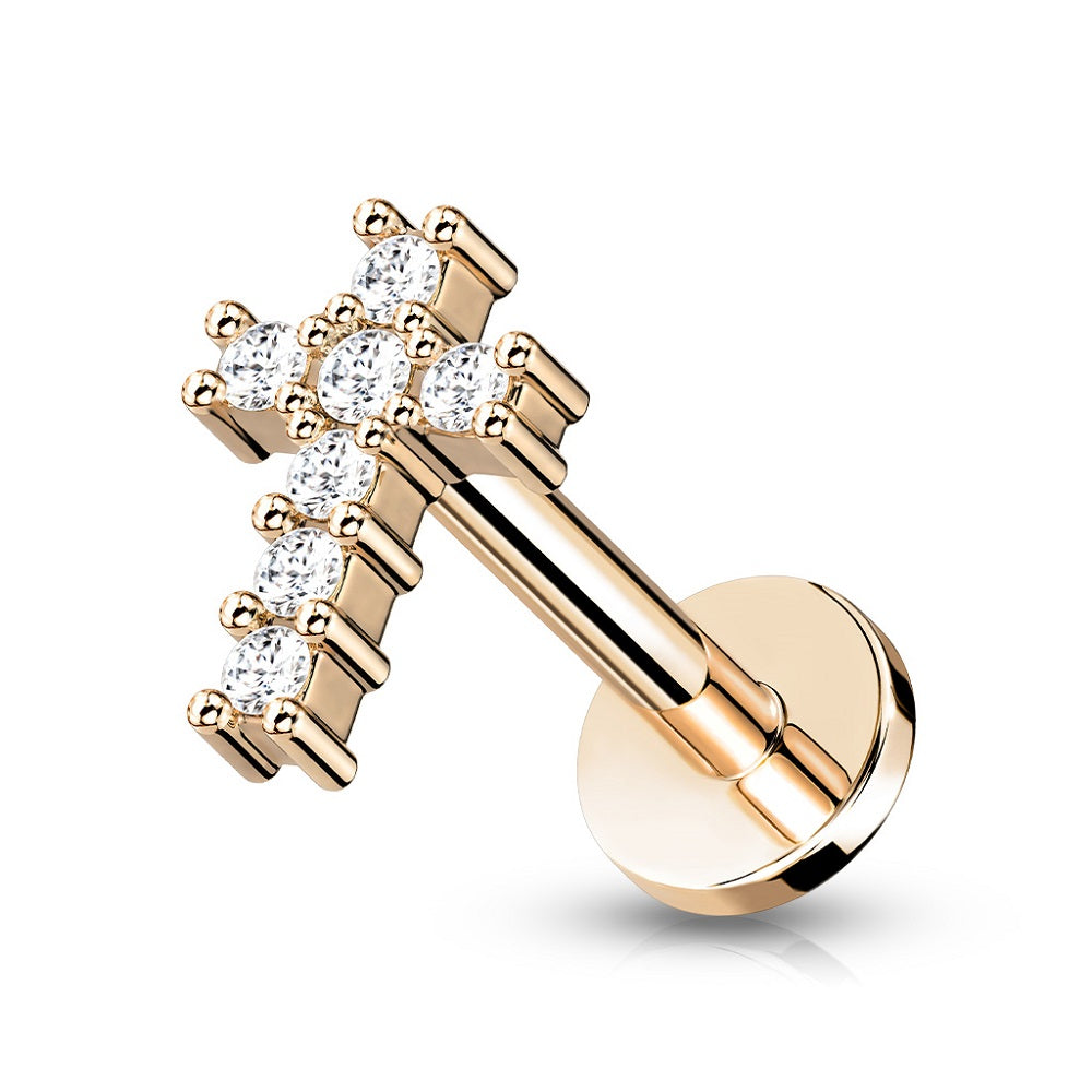 Internally Threaded CZ Crystal Paved Cross Top Flat Back Labret Monroe Lip Cartilage Helix Ear Lobe Stud
- 316L Stainless Steel