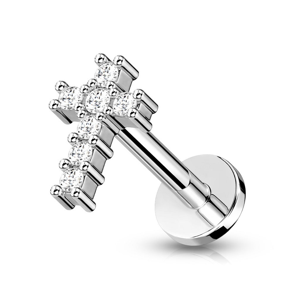 Internally Threaded CZ Crystal Paved Cross Top Flat Back Labret Monroe Lip Cartilage Helix Ear Lobe Stud
- 316L Stainless Steel