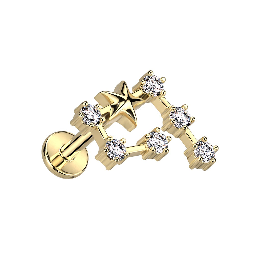 Gold Plated Internally Threaded CZ Crystal Zodiac Constellation Flat Back Stud - 316L Stainless Steel
