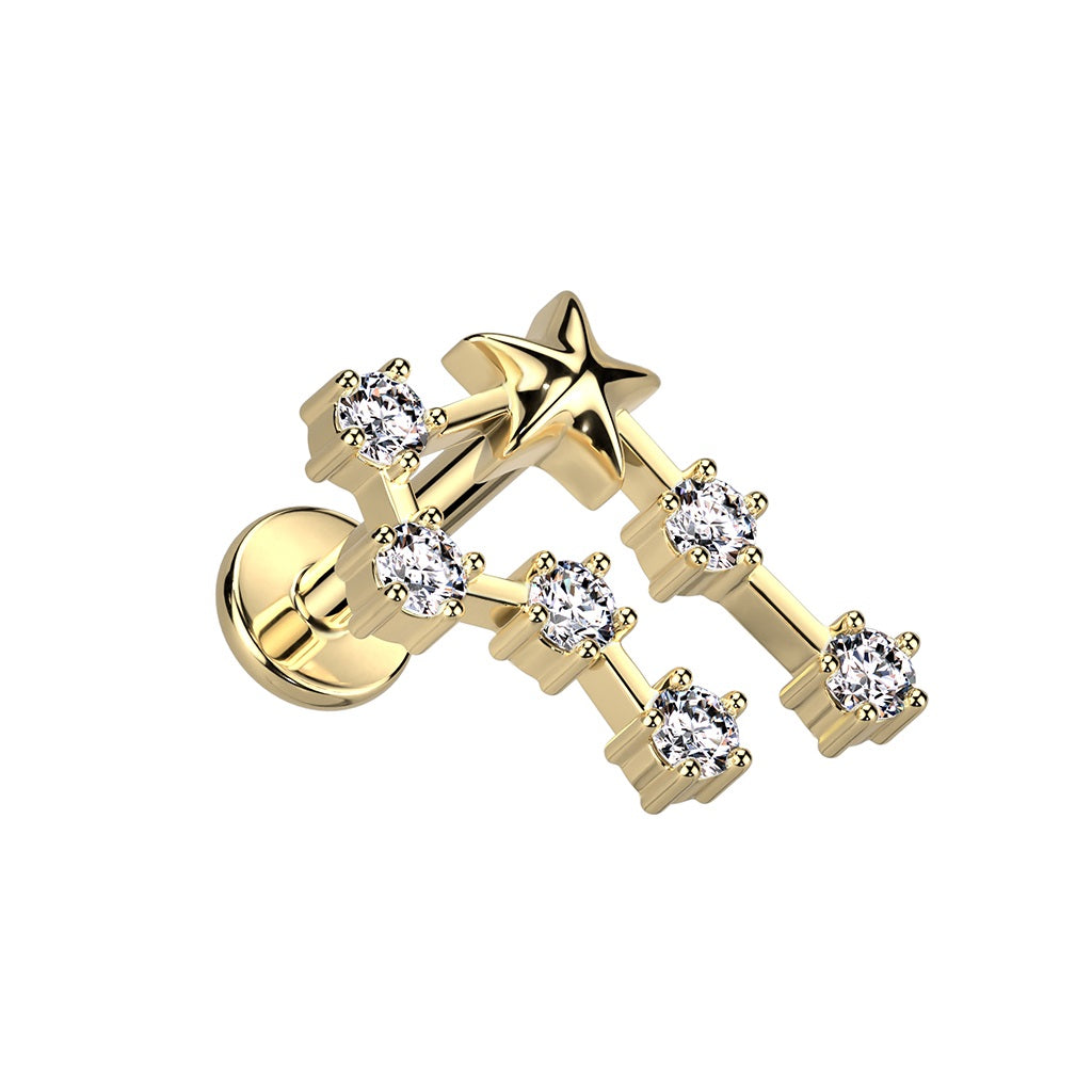 Gold Plated Internally Threaded CZ Crystal Zodiac Constellation Flat Back Stud - 316L Stainless Steel