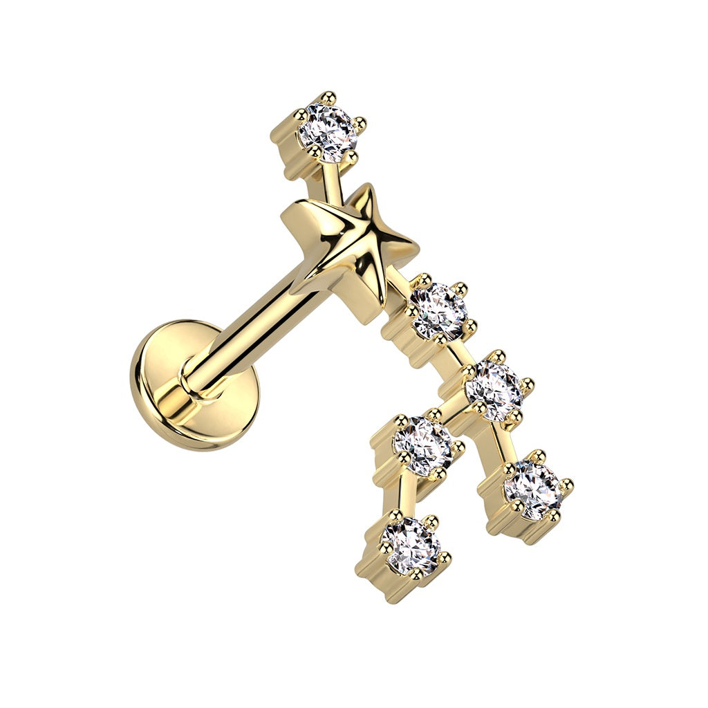 Gold Plated Internally Threaded CZ Crystal Zodiac Constellation Flat Back Stud - 316L Stainless Steel