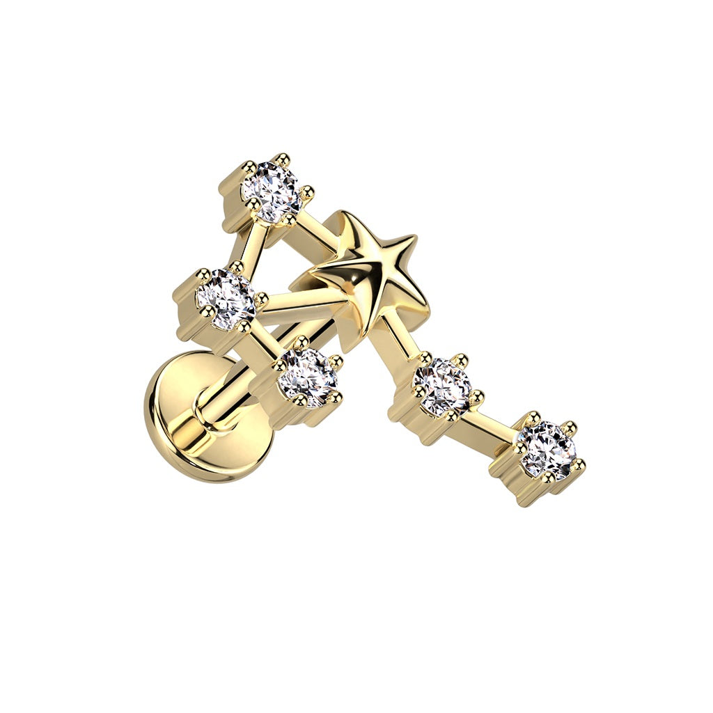 Gold Plated Internally Threaded CZ Crystal Zodiac Constellation Flat Back Stud - 316L Stainless Steel