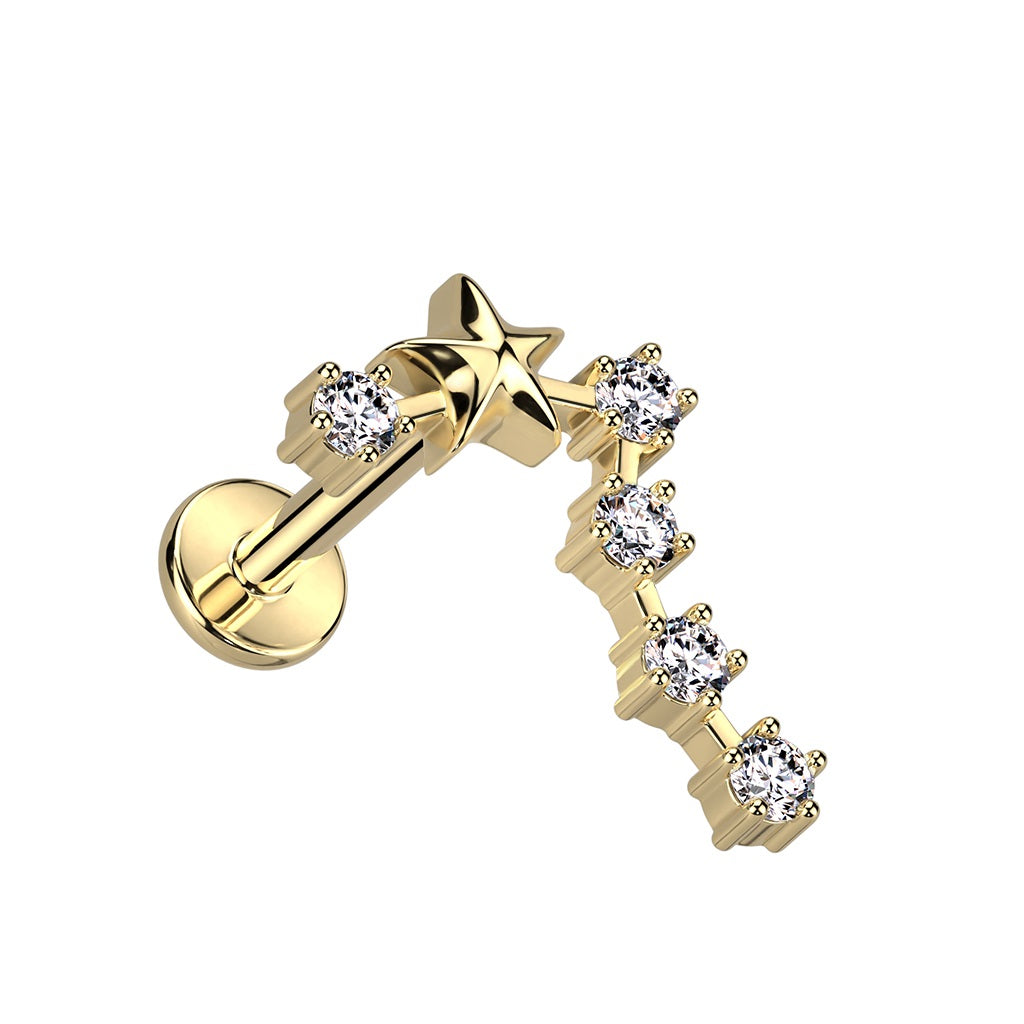 Gold Plated Internally Threaded CZ Crystal Zodiac Constellation Flat Back Stud - 316L Stainless Steel