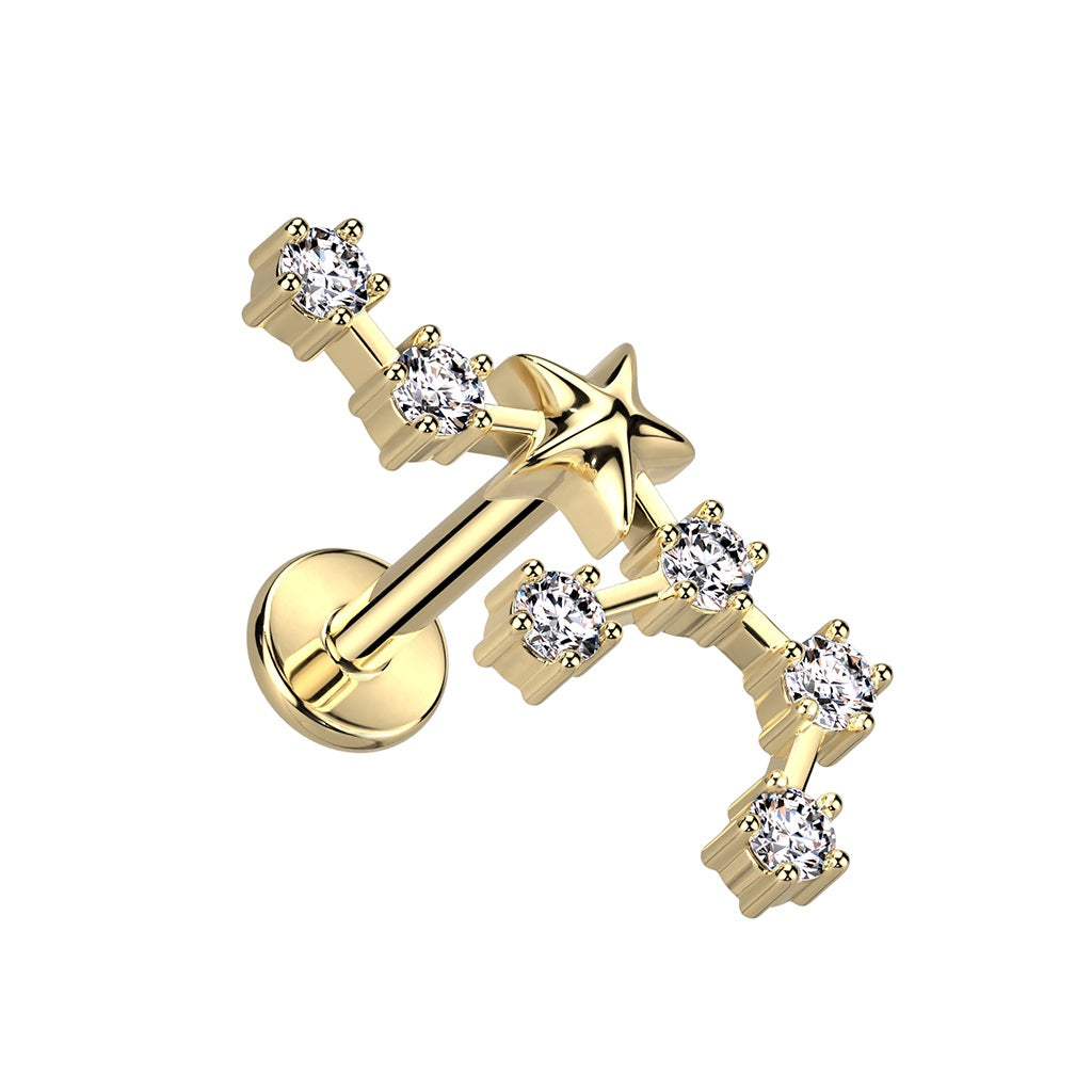 Gold Plated Internally Threaded CZ Crystal Zodiac Constellation Flat Back Stud - 316L Stainless Steel