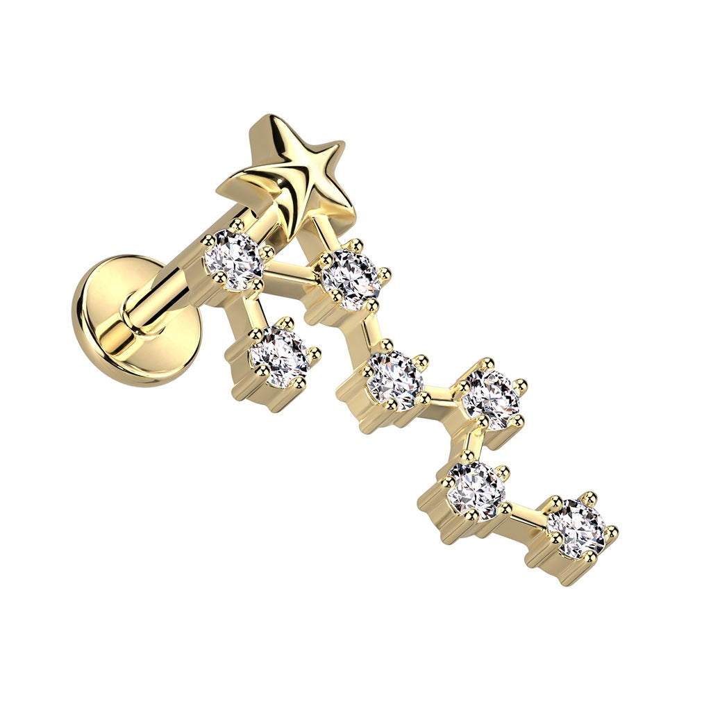 Gold Plated Internally Threaded CZ Crystal Zodiac Constellation Flat Back Stud - 316L Stainless Steel