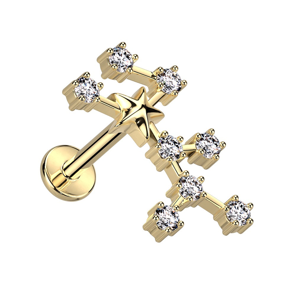Gold Plated Internally Threaded CZ Crystal Zodiac Constellation Flat Back Stud - 316L Stainless Steel