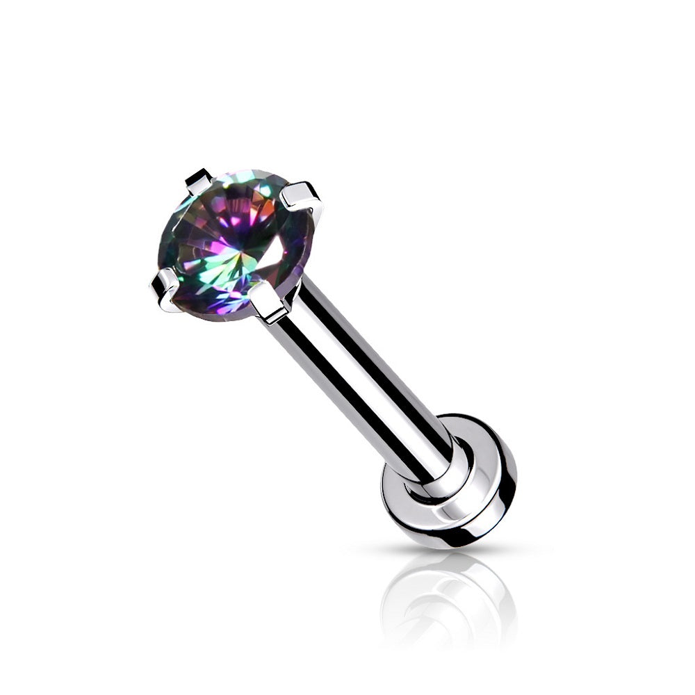 Internally Threaded Prong Set CZ Crystal Micro Base Flat Back Labret Stud - Stainless Steel