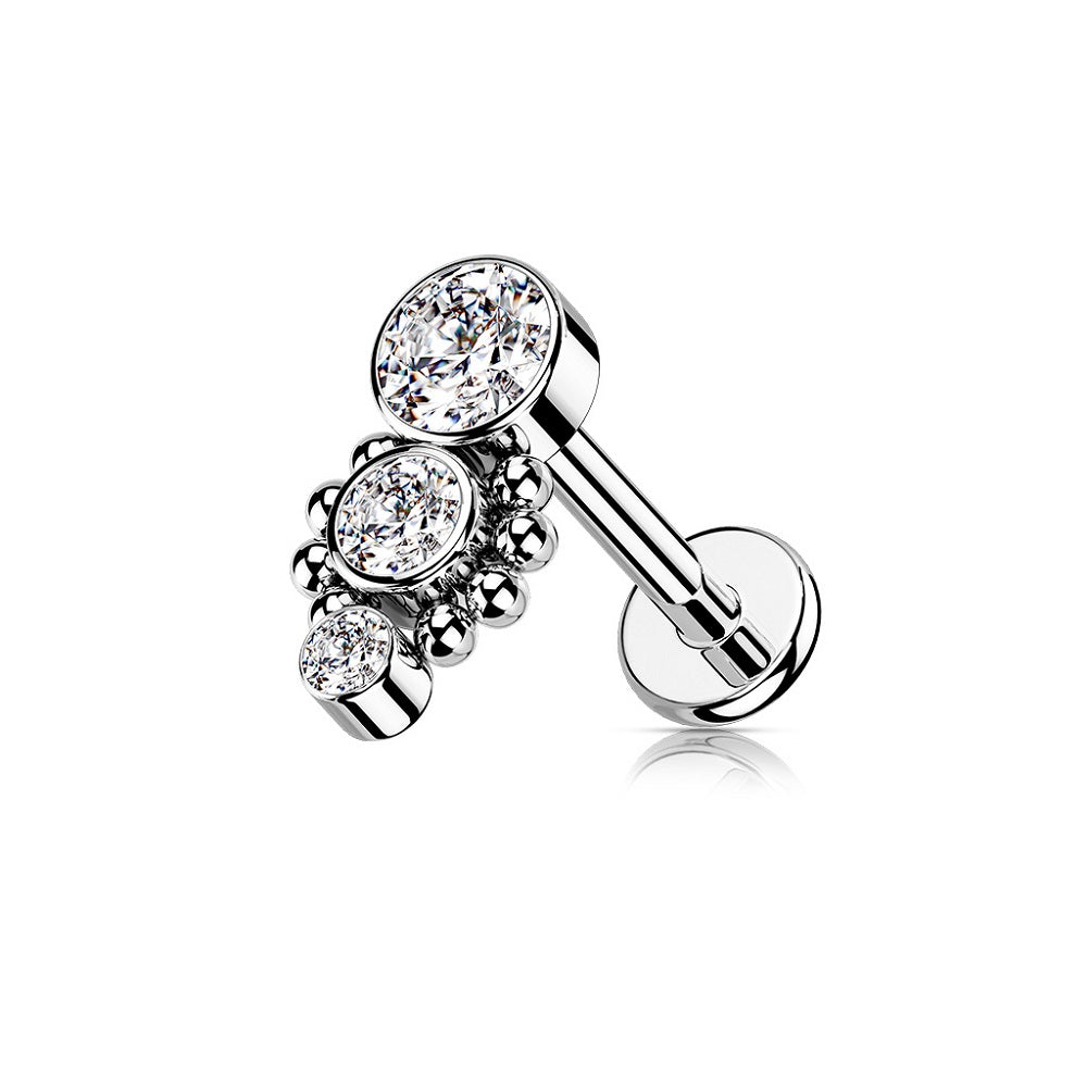 Triple Round CZ Crystal Dropdown with Ball Clusters Internally Threaded Flat Back Stud - 316L Stainless Steel