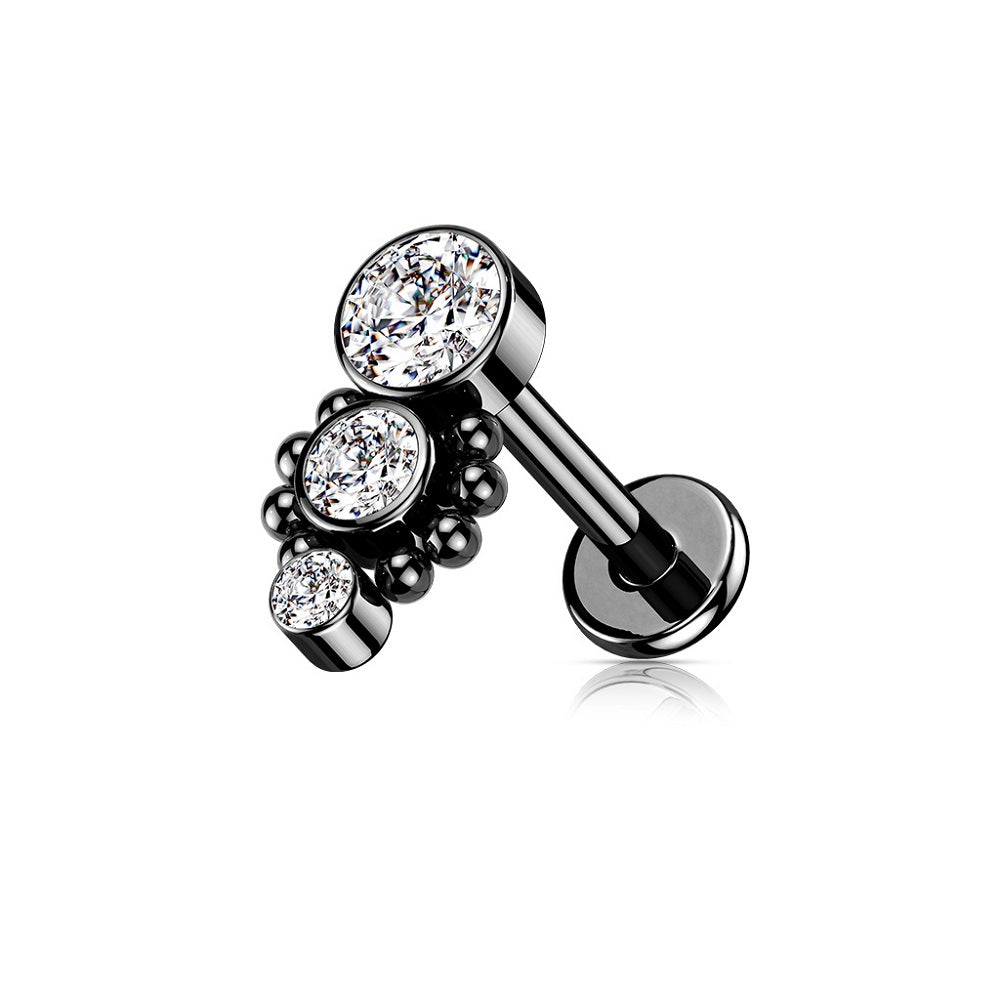 Triple Round CZ Crystal Dropdown with Ball Clusters Internally Threaded Flat Back Stud - 316L Stainless Steel