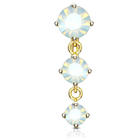 Vertical Drop Three Prong Set Round Opalite Crystals Top Drop Belly Button Ring - 316L Stainless Steel