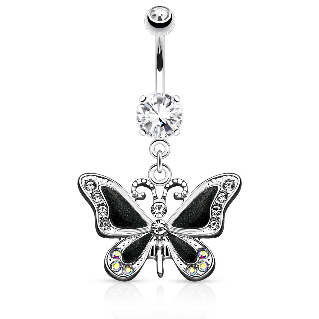 CZ Crystal Butterfly Dangling Belly Button Ring - Stainless Steel