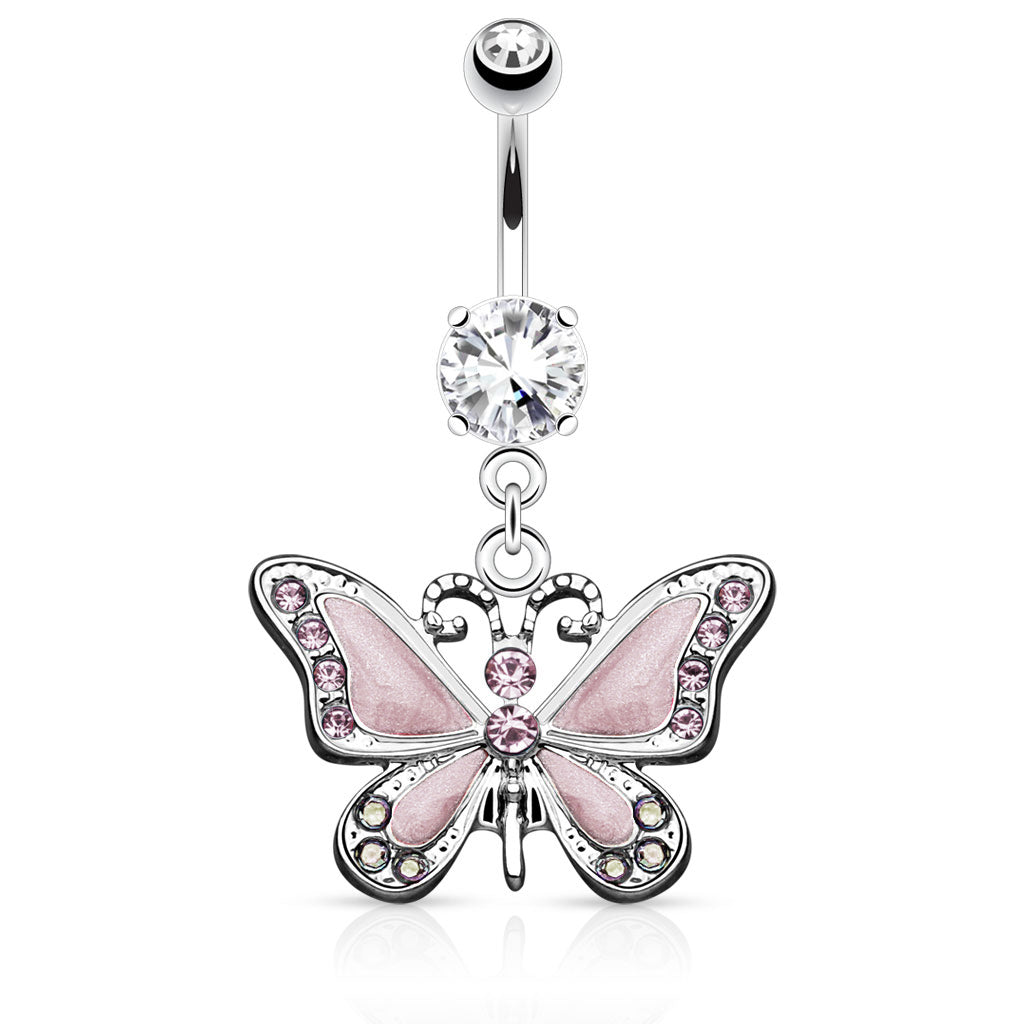 CZ Crystal Butterfly Dangling Belly Button Ring - Stainless Steel