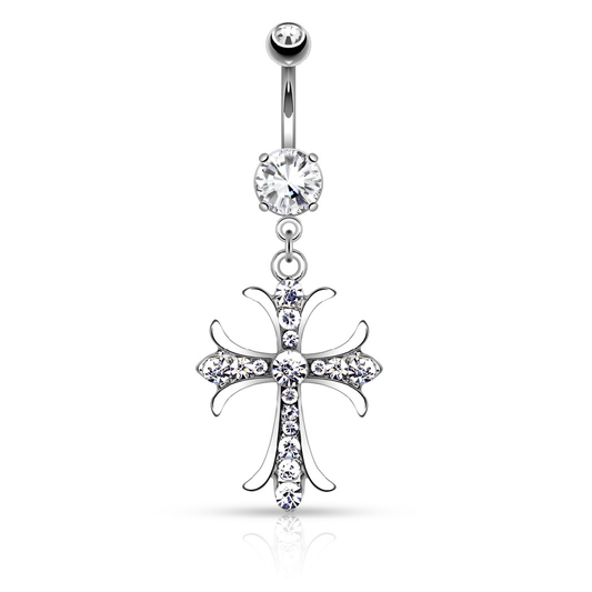 Celtic Cross with Paved Gems Dangling Belly Button Ring - 316L Surgical Steel