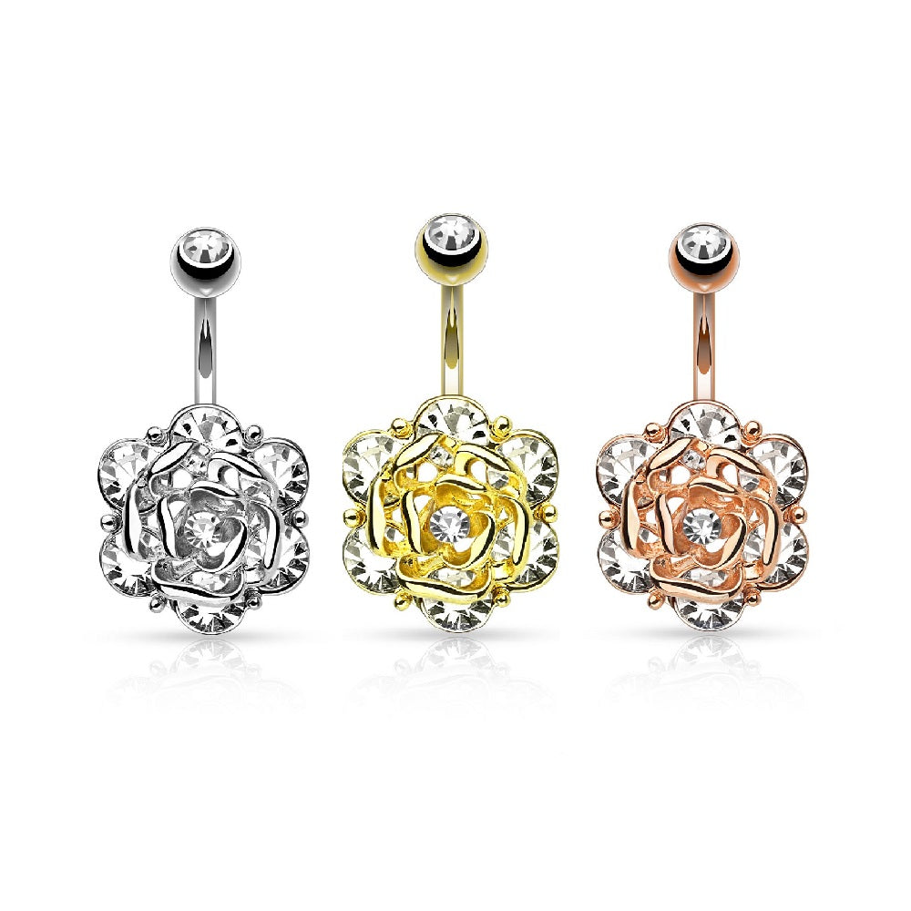 Set of 3 CZ Crystal Gemmed Flower Belly Button Rings - Stainless Steel