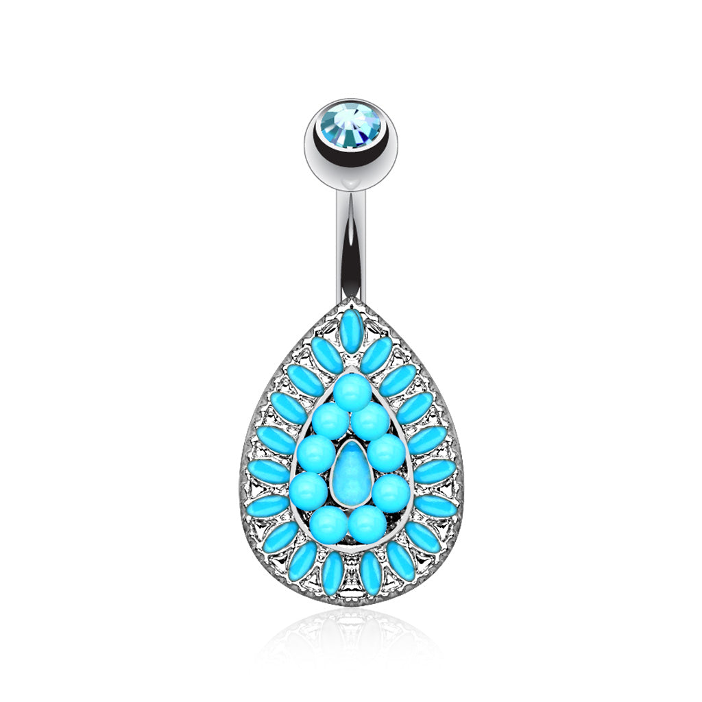 Turquoise Beaded Vintage Style Shield Gem Belly Button Ring - 316L Stainless Steel