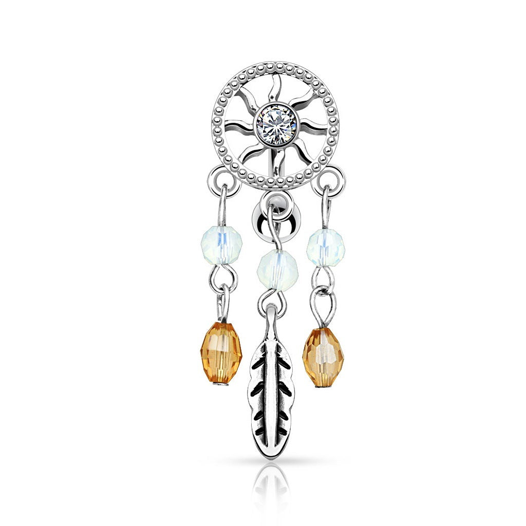 Center CZ Crystal Dream Catcher Dangling Reverse Belly Button Ring - 316L Stainless Steel