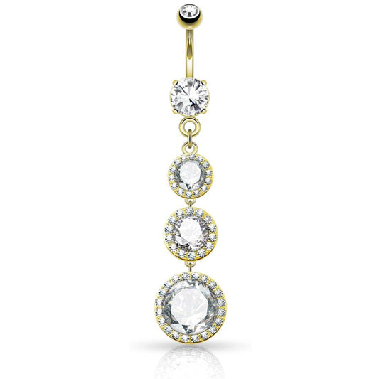 Triple CZ Paved Large Drop Dangling Belly Button Ring - 316L Stainless Steel