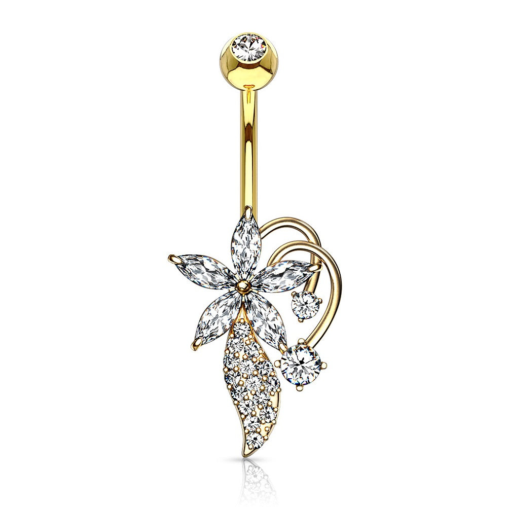 Five Marquise CZ Flower Cluster Stem Bouquet Belly Button Ring
- 316L Stainless Steel
