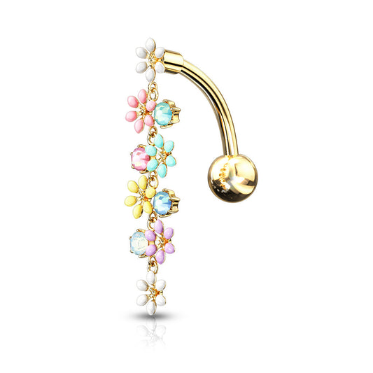 Dangling Flowers with Opalite Crystals Top Down Belly Button Ring - 316L Stainless Steel