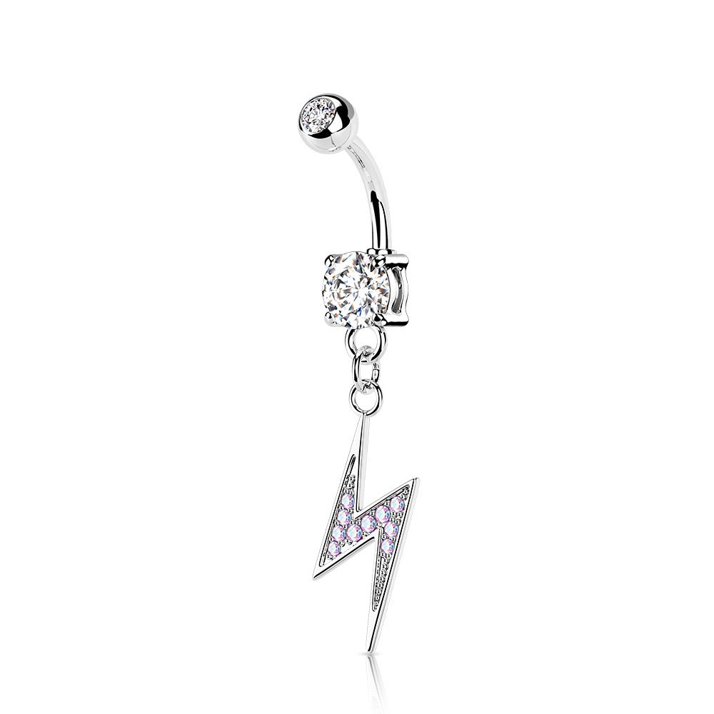 Dangling Lightning Bolt Paved with AB CZ on Double Jeweled Belly Button Ring - 316L Stainless Steel