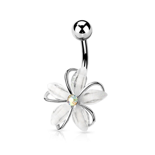 CZ Crystal Centered Wire Set White Flower Belly Button Ring
 - 316L Stainless Steel